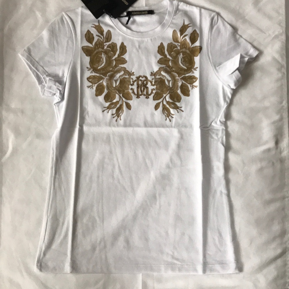 Roberto Cavalli Gold Angel Wing Logo Tee Shirt NWT